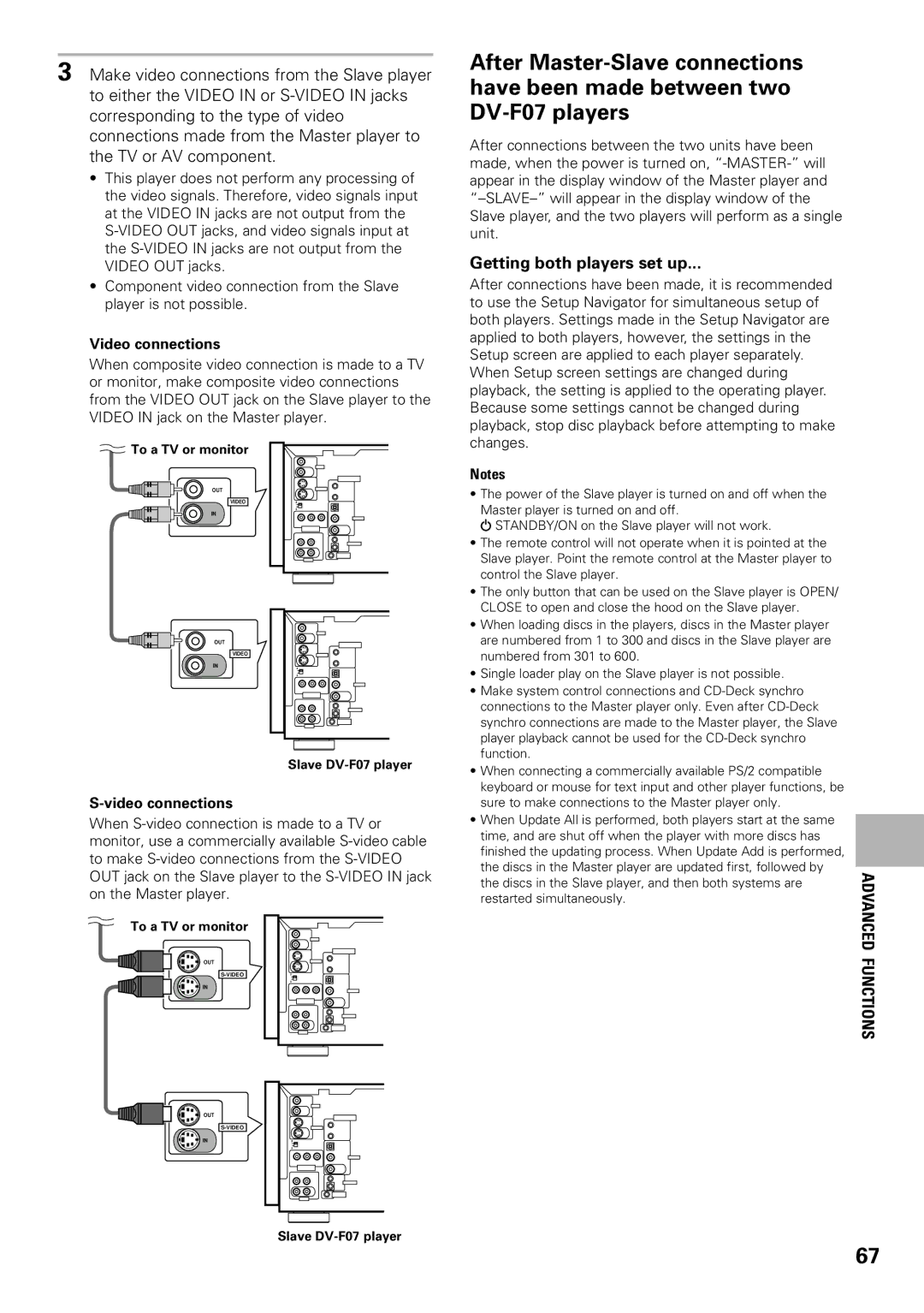 Pioneer DV-F07 operating instructions Getting both players set up, Video connections 