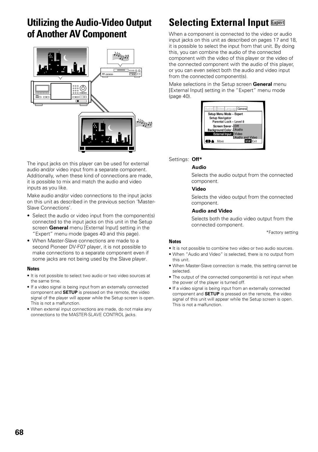 Pioneer DV-F07 operating instructions Selecting External Input Expert, Audio and Video 