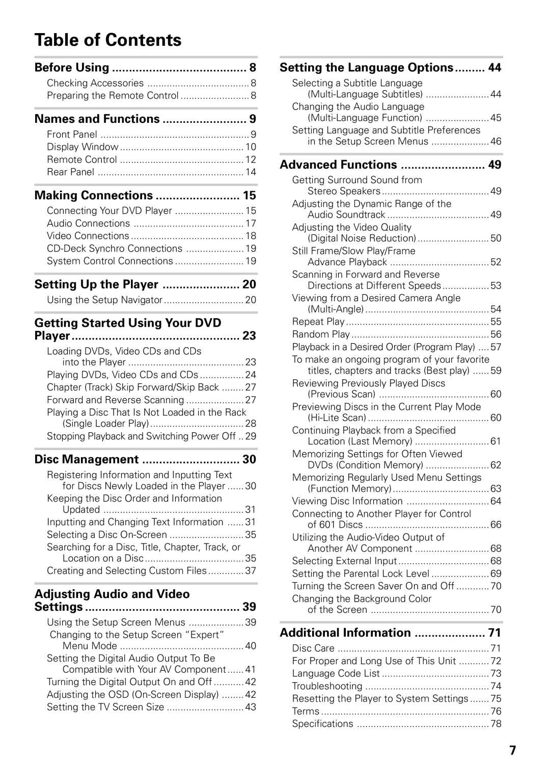 Pioneer DV-F07 operating instructions Table of Contents 