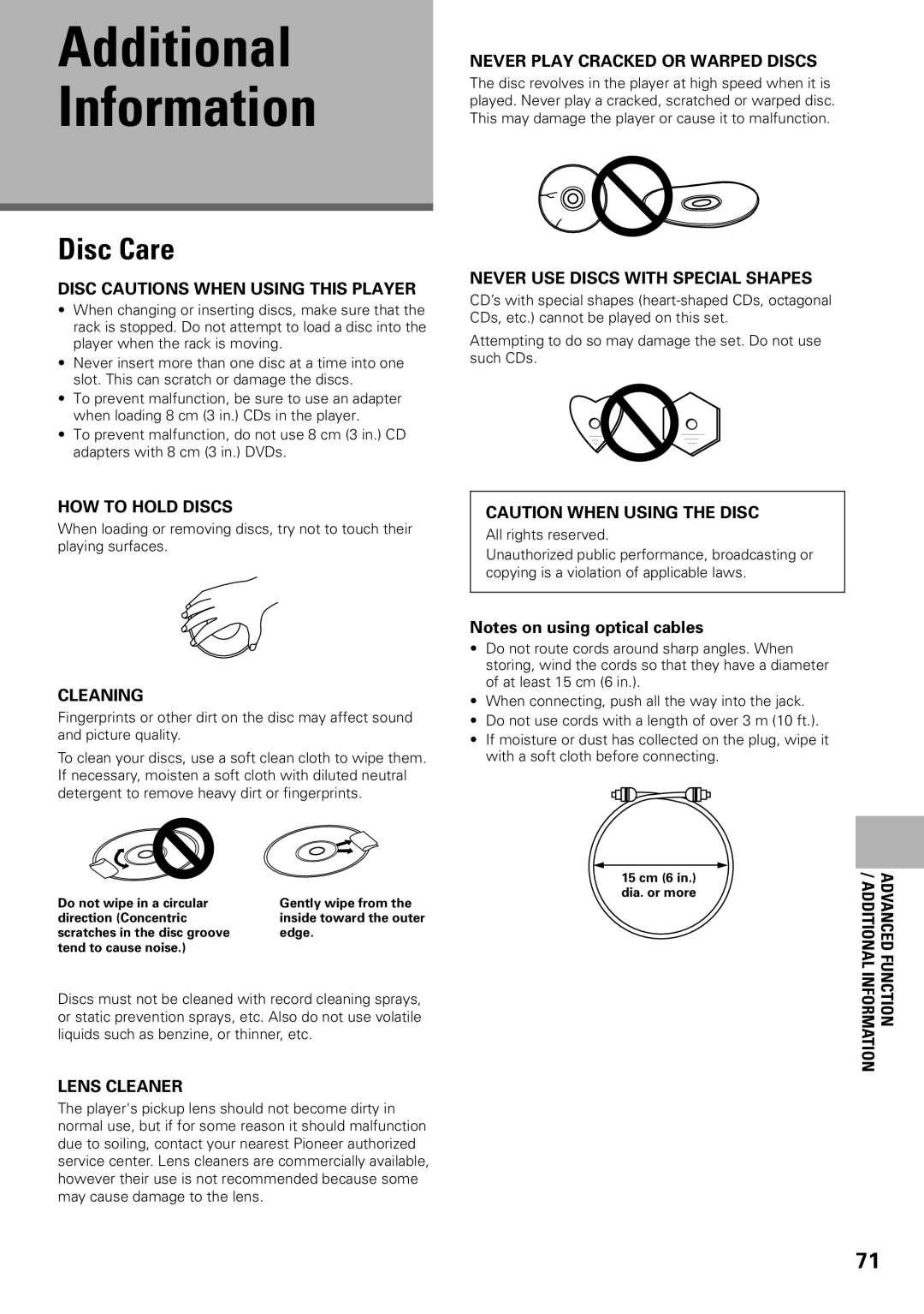 Pioneer DV-F07 operating instructions Additional Information, Disc Care 