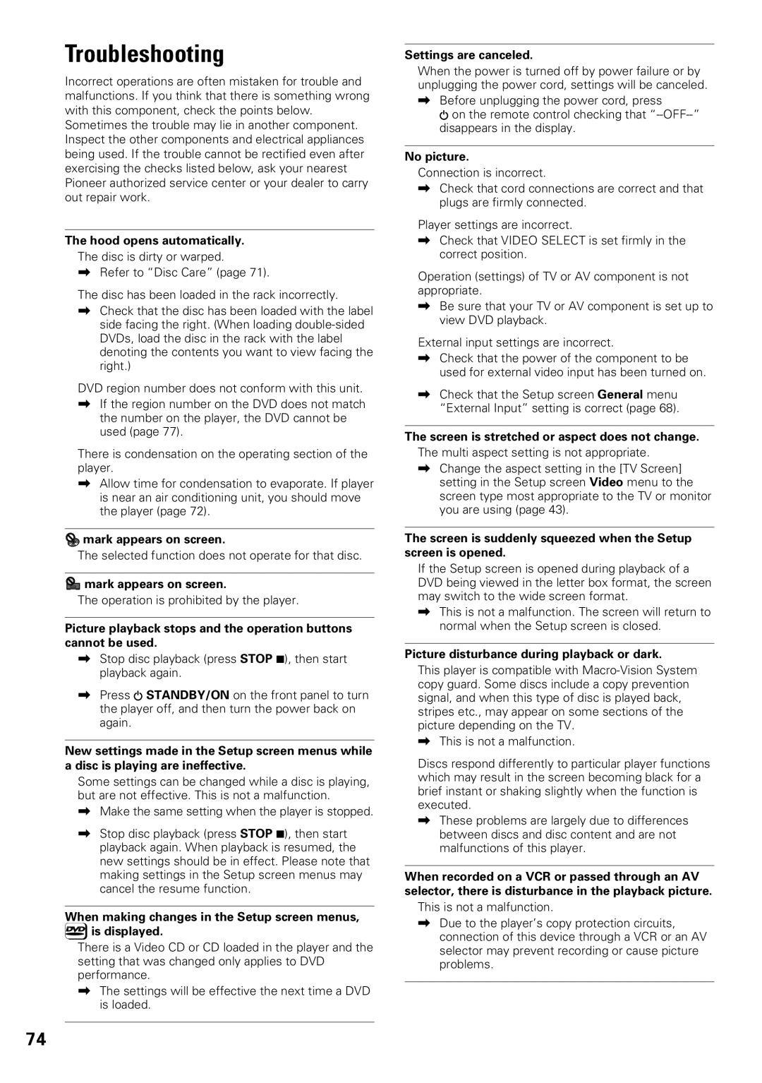 Pioneer DV-F07 operating instructions Troubleshooting 