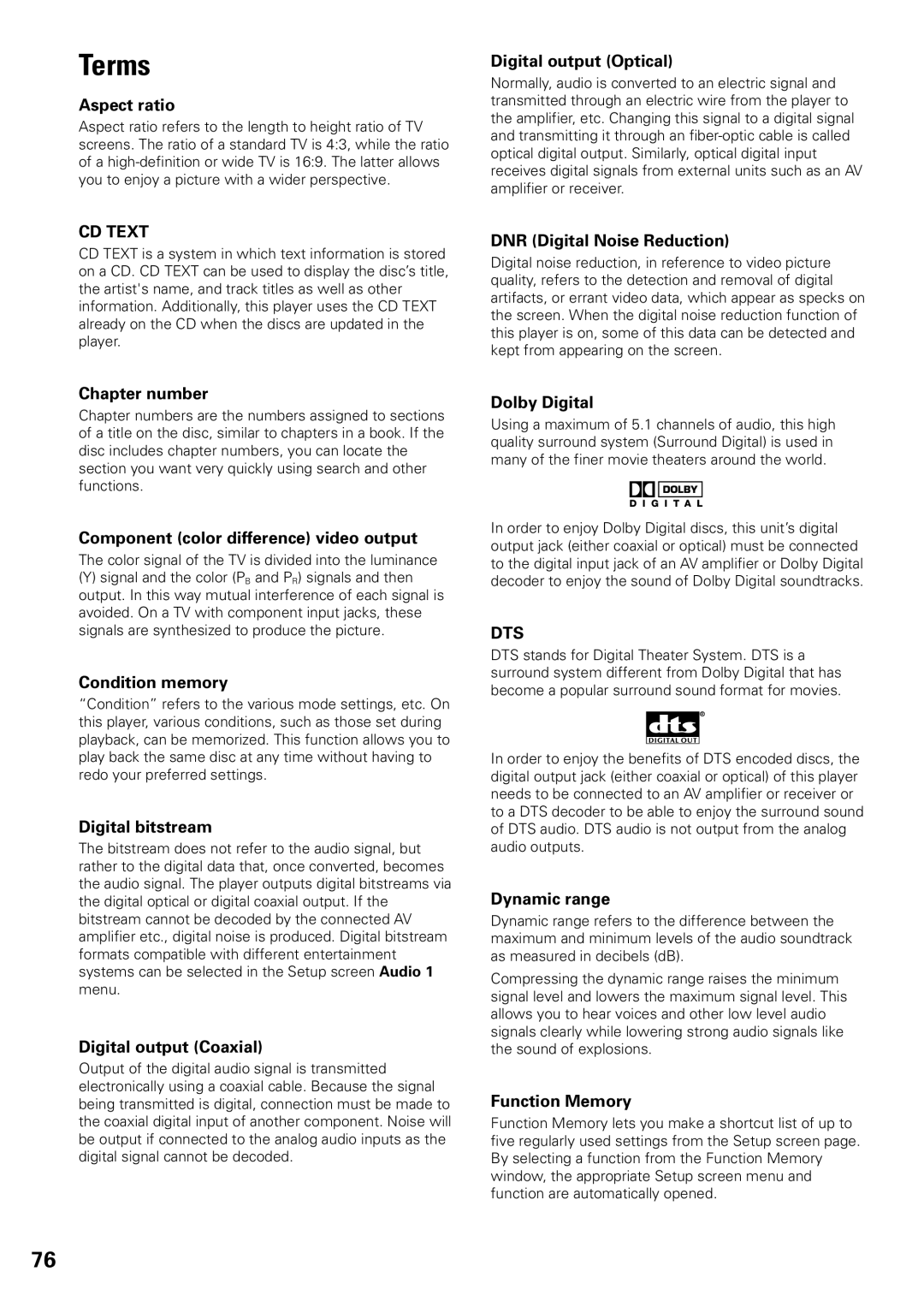 Pioneer DV-F07 operating instructions Terms, CD Text, Dts 