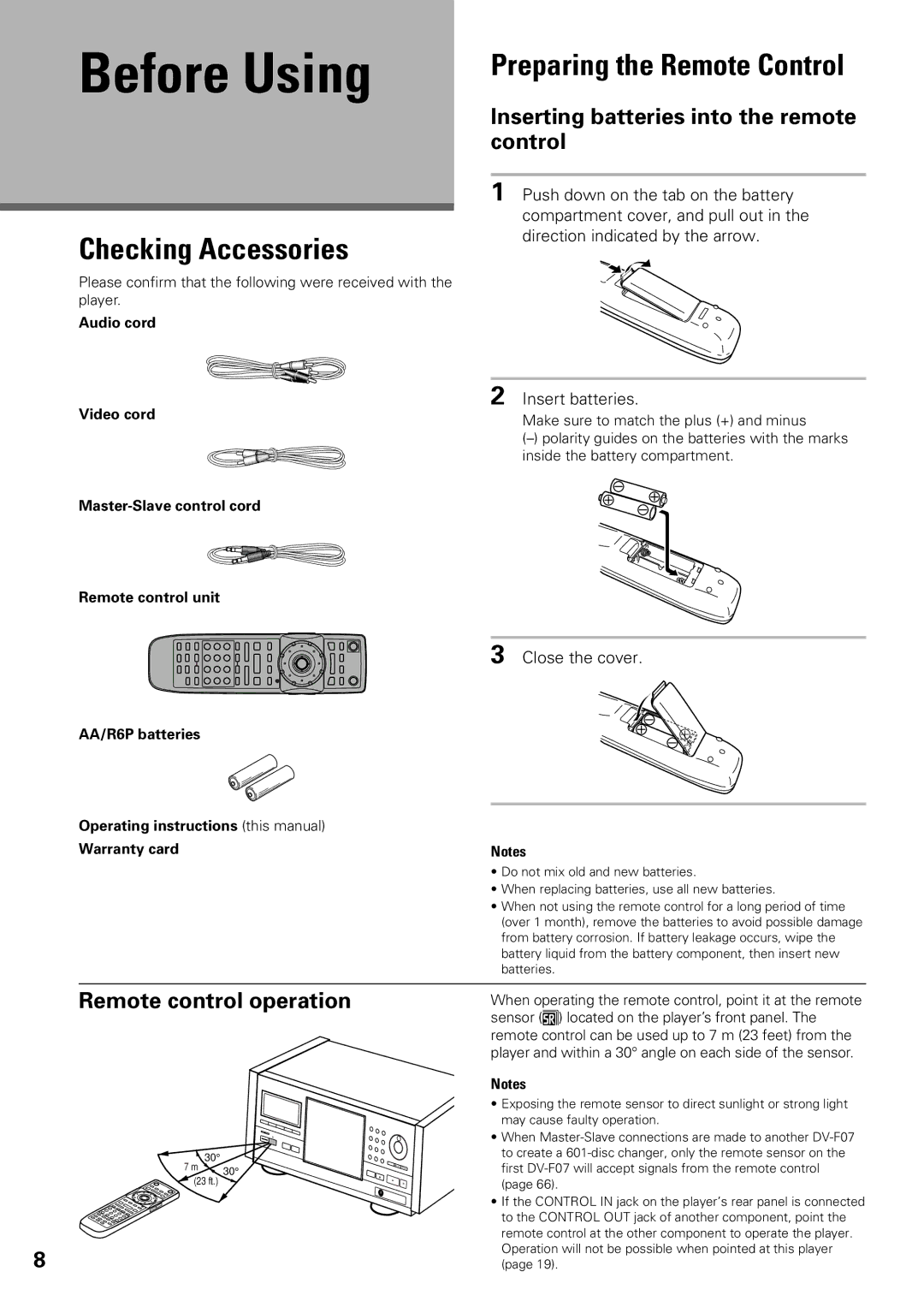 Pioneer DV-F07 Before Using, Checking Accessories, Preparing the Remote Control, Remote control operation 