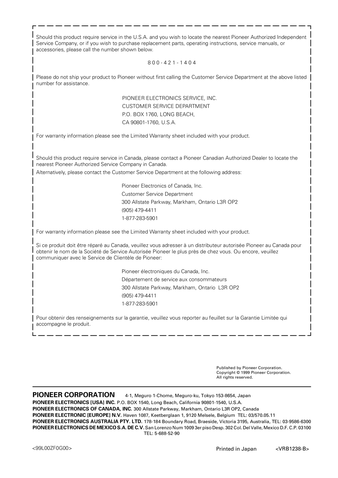 Pioneer DV-F07 operating instructions 99L00ZF0G00 