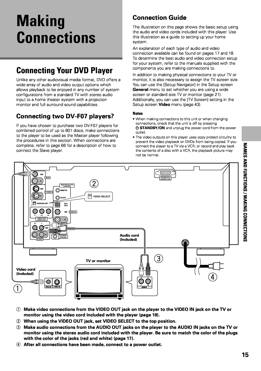 Pioneer Making Connections, Connecting Your DVD Player, Connecting two DV-F07 players?, Connection Guide, Names 