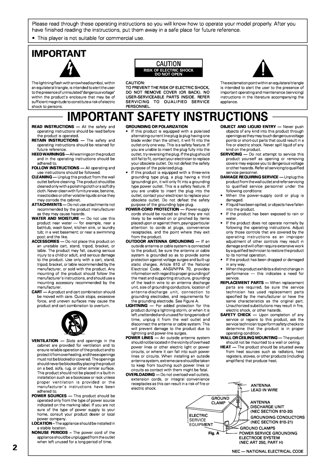 Pioneer DV-F07 operating instructions Important Safety Instructions, This player is not suitable for commercial use 