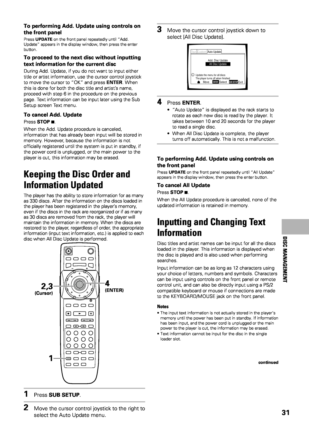 Pioneer DV-F07 Inputting and Changing Text Information, Keeping the Disc Order and Information Updated, Press ENTER, Enter 