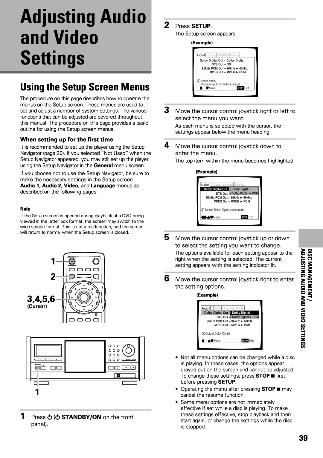 Pioneer DV-F07 and Video Settings, Adjusting Audio, Using the Setup Screen Menus, 3,4,5,6, Press SETUP, Cursor 