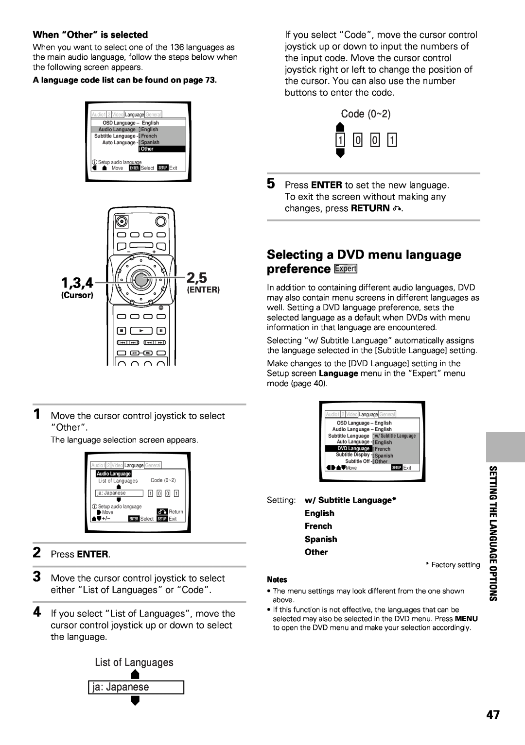 Pioneer DV-F07 1,3,4, Selecting a DVD menu language preference Expert, Code 0~2 1 0 0, List of Languages ja Japanese 