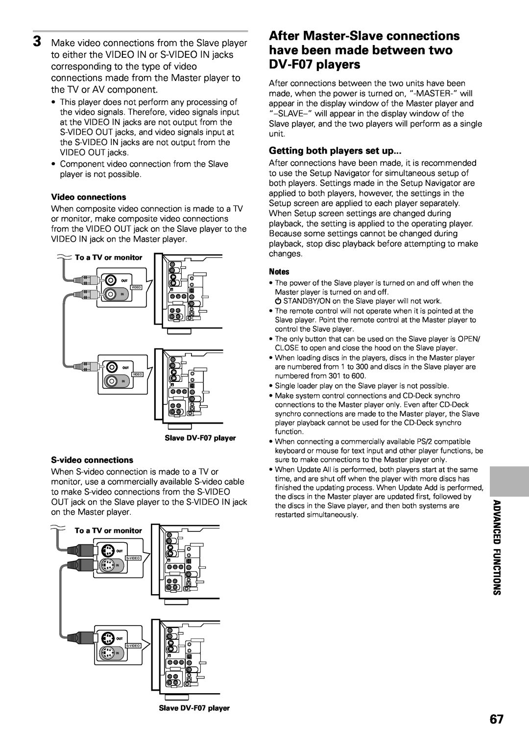 Pioneer DV-F07 operating instructions Getting both players set up, Functions, Video connections, S-video connections 