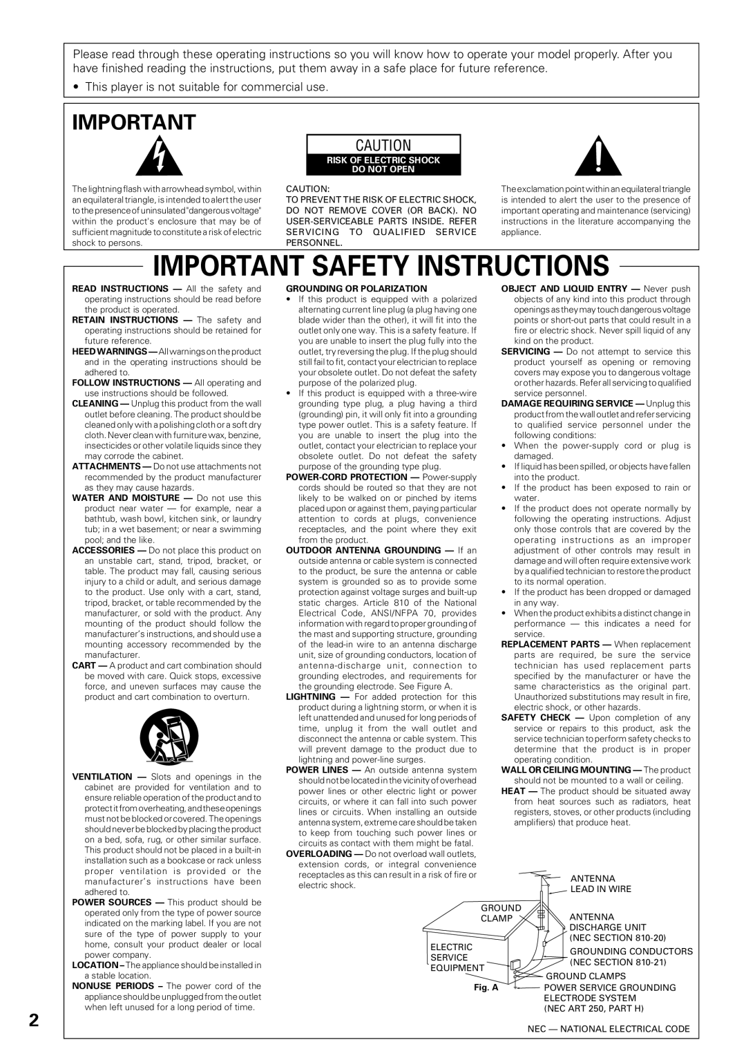 Pioneer DV-F727 operating instructions Important Safety Instructions 