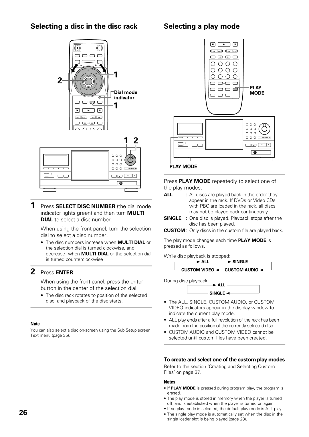 Pioneer DV-F727 Selecting a disc in the disc rack Selecting a play mode, To create and select one of the custom play modes 