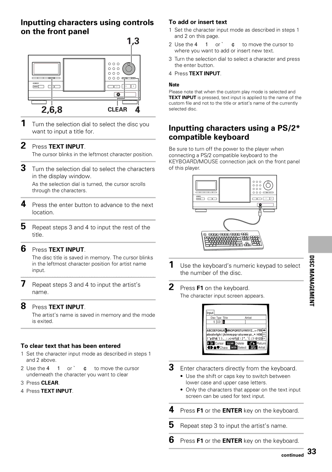 Pioneer DV-F727 operating instructions Inputting characters using controls on the front panel, Clear 