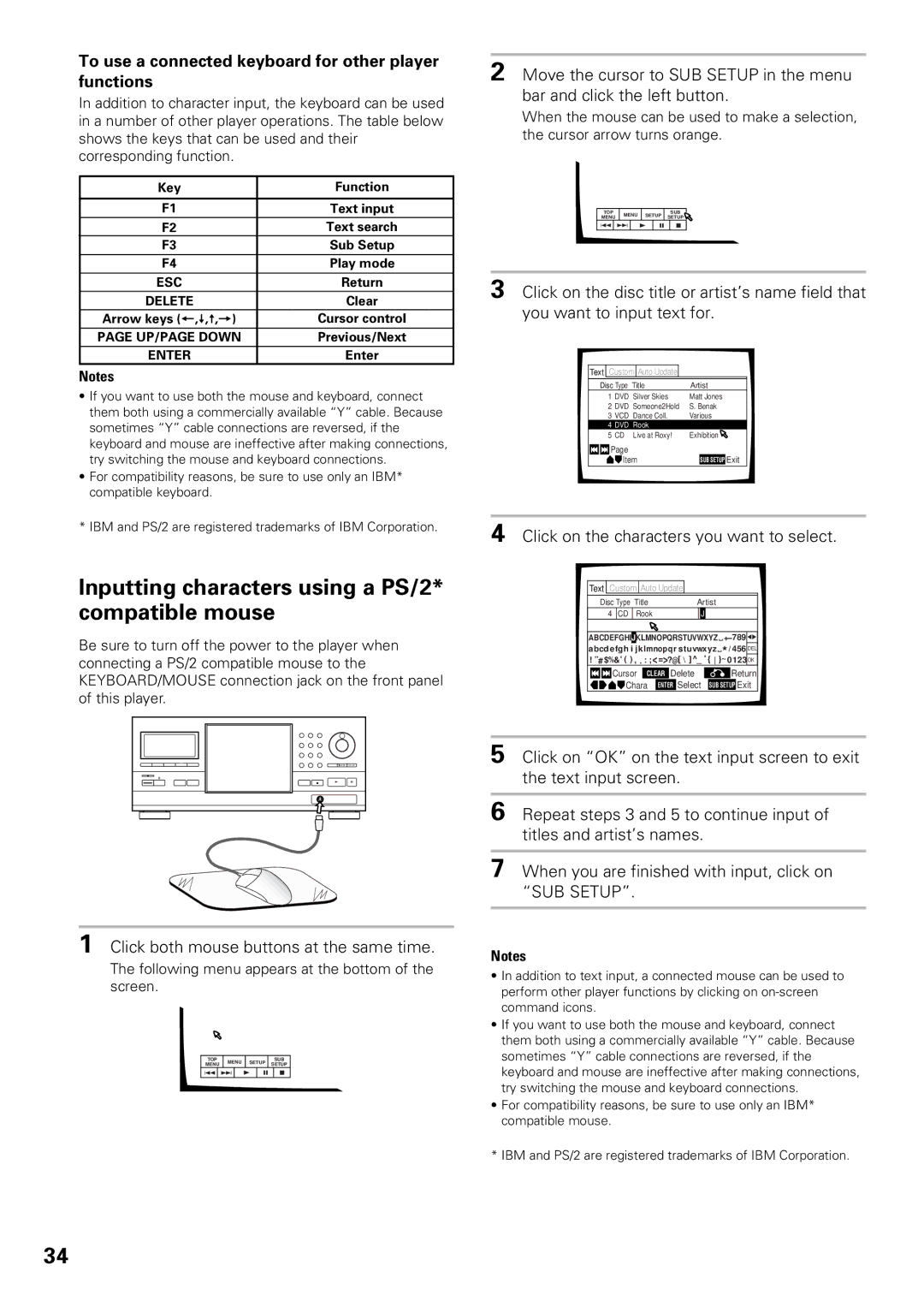 Pioneer DV-F727 Inputting characters using a PS/2* compatible mouse, Click both mouse buttons at the same time 