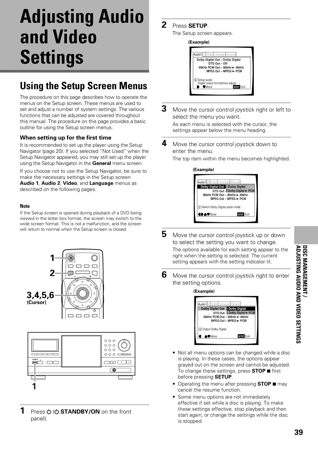 Pioneer DV-F727 operating instructions Video Settings, Press STANDBY/ON on the front panel Press Setup 