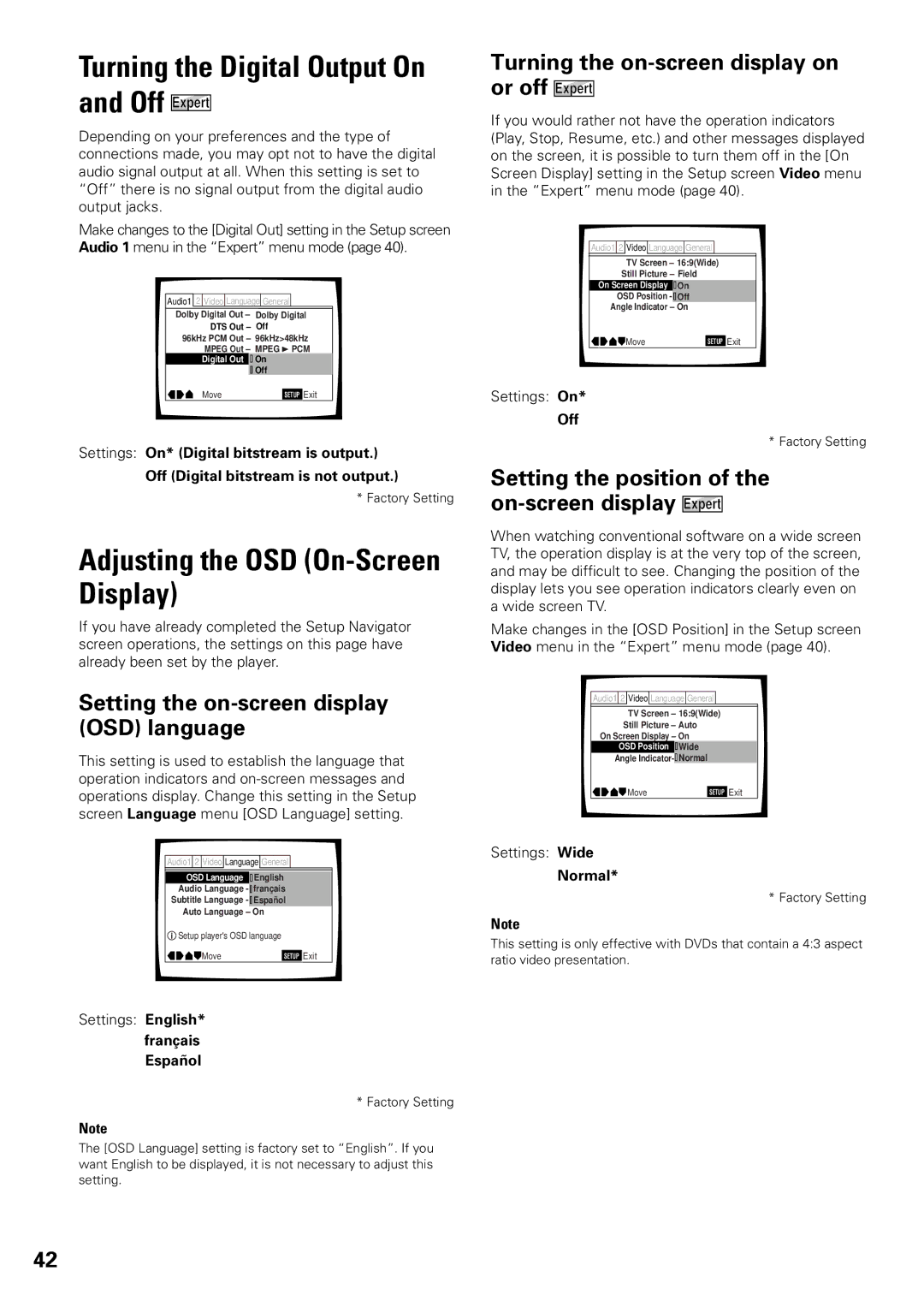 Pioneer DV-F727 operating instructions Turning the Digital Output On and Off Expert, Adjusting the OSD On-Screen Display 