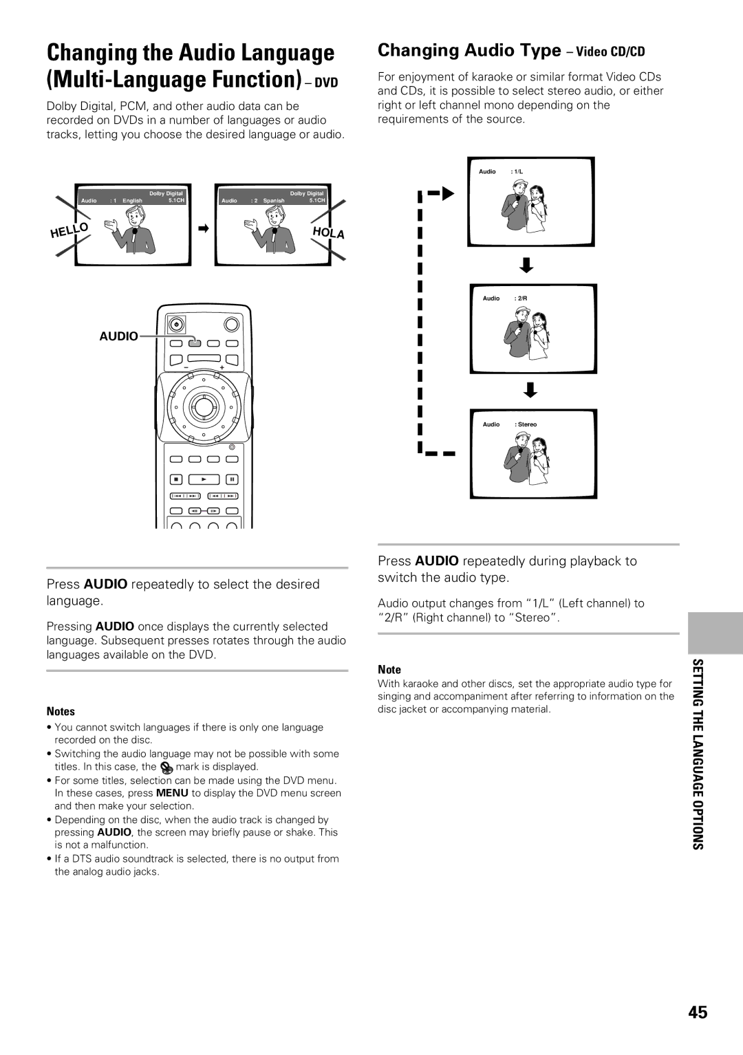 Pioneer DV-F727 Changing the Audio Language Multi-Language Function DVD, Changing Audio Type Video CD/CD 