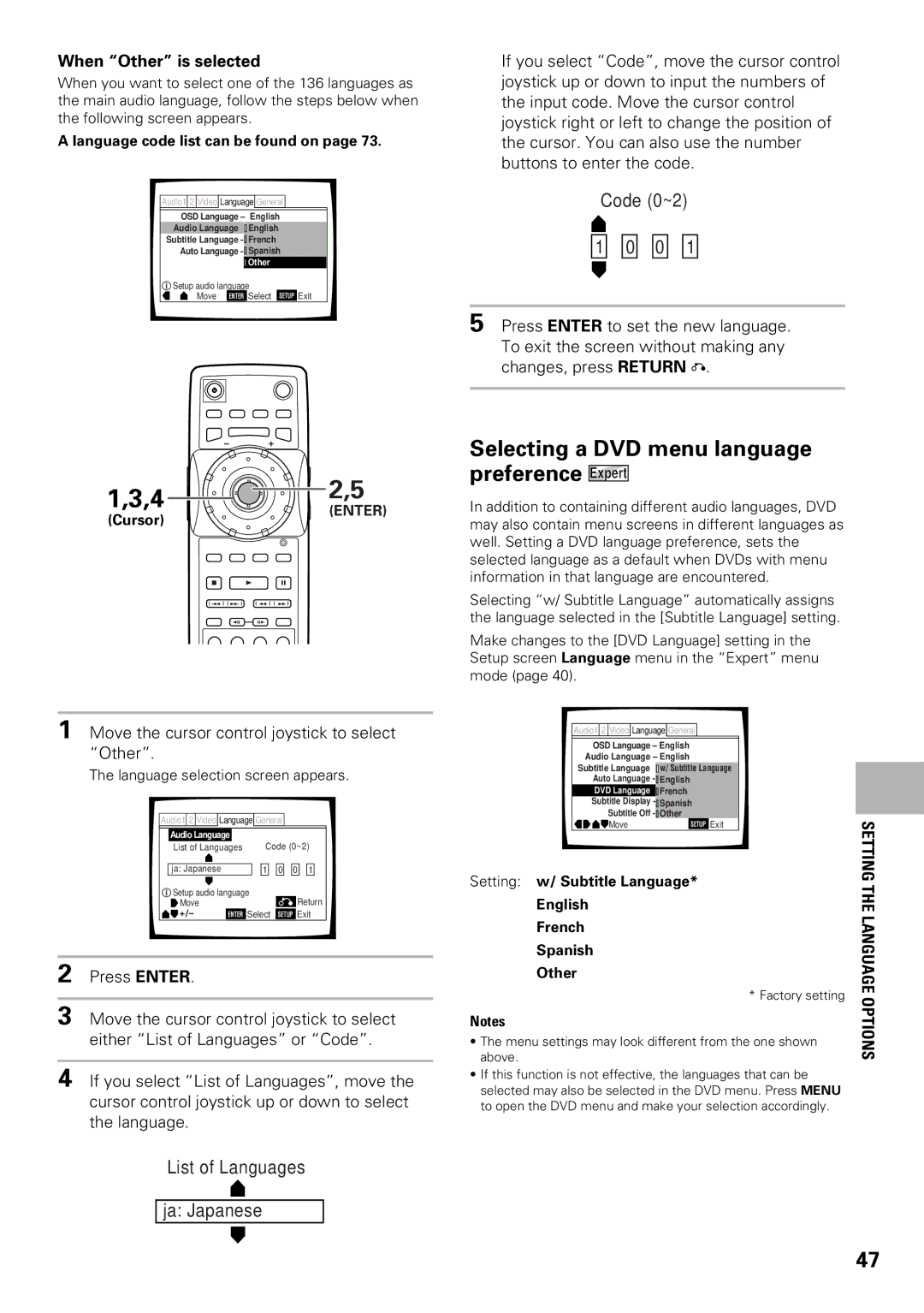 Pioneer DV-F727 operating instructions Selecting a DVD menu language preference Expert, When Other is selected 