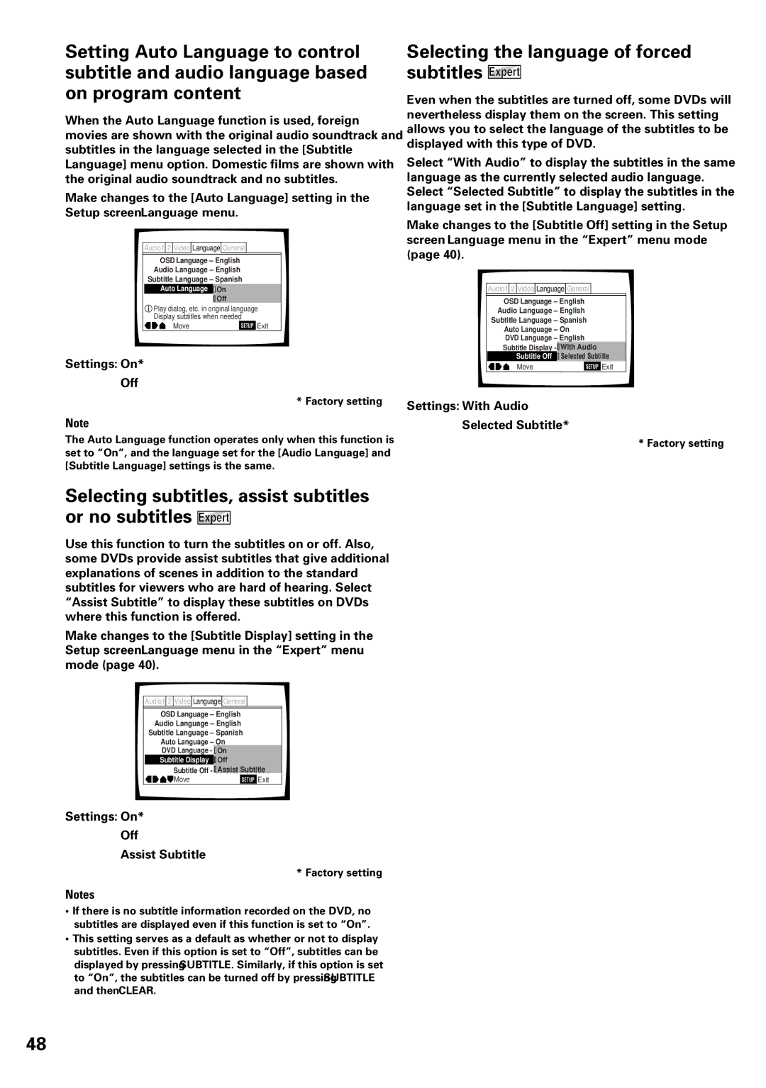 Pioneer DV-F727 Selecting the language of forced subtitles Expert, Off Assist Subtitle, Settings With Audio 