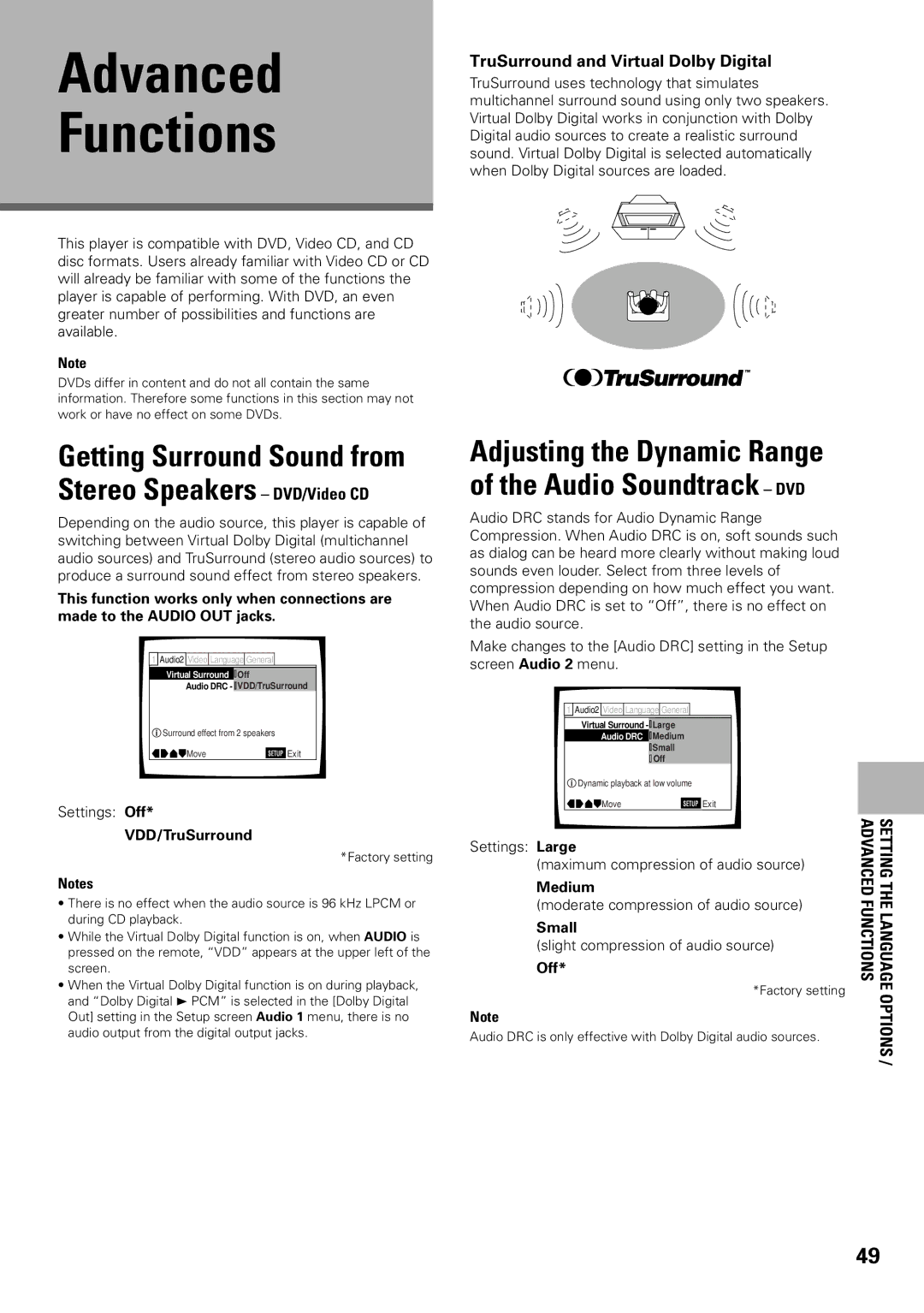 Pioneer DV-F727 Advanced Functions, Adjusting the Dynamic Range of the Audio Soundtrack DVD, VDD/TruSurround 