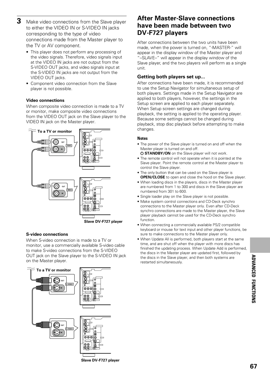 Pioneer DV-F727 operating instructions Getting both players set up, Video connections 