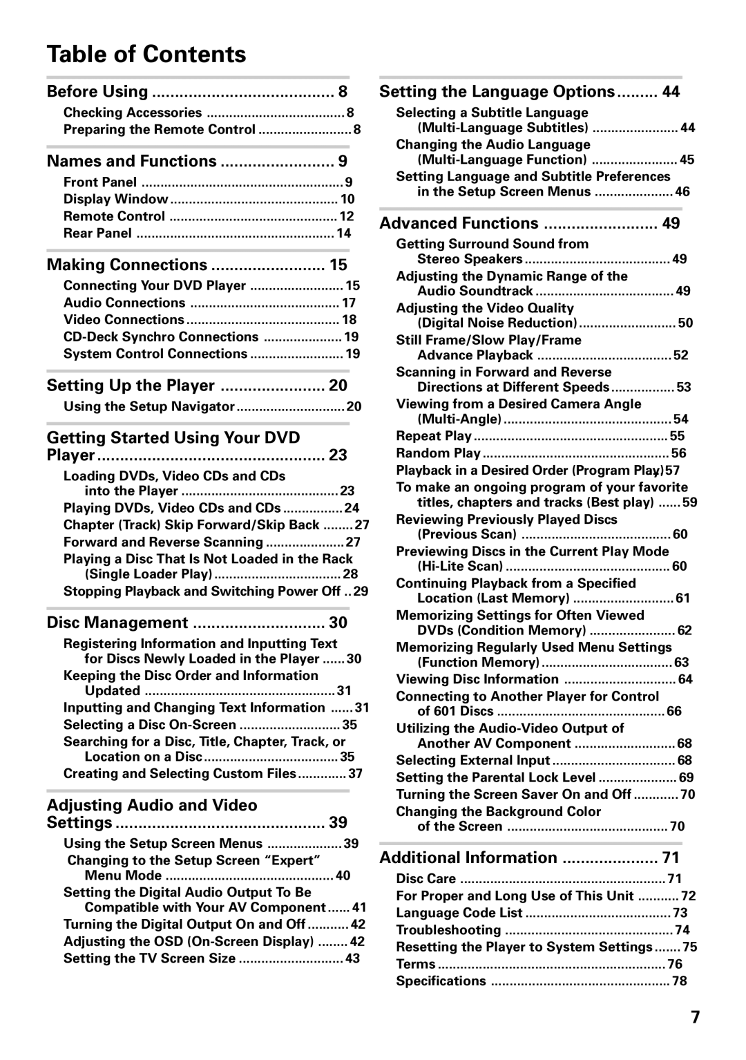 Pioneer DV-F727 operating instructions Table of Contents 