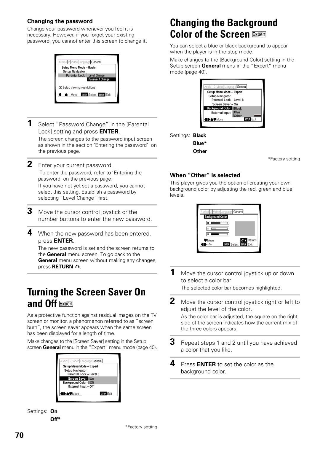 Pioneer DV-F727 Turning the Screen Saver On and Off Expert, Changing the Background Color of the Screen Expert, Blue Other 