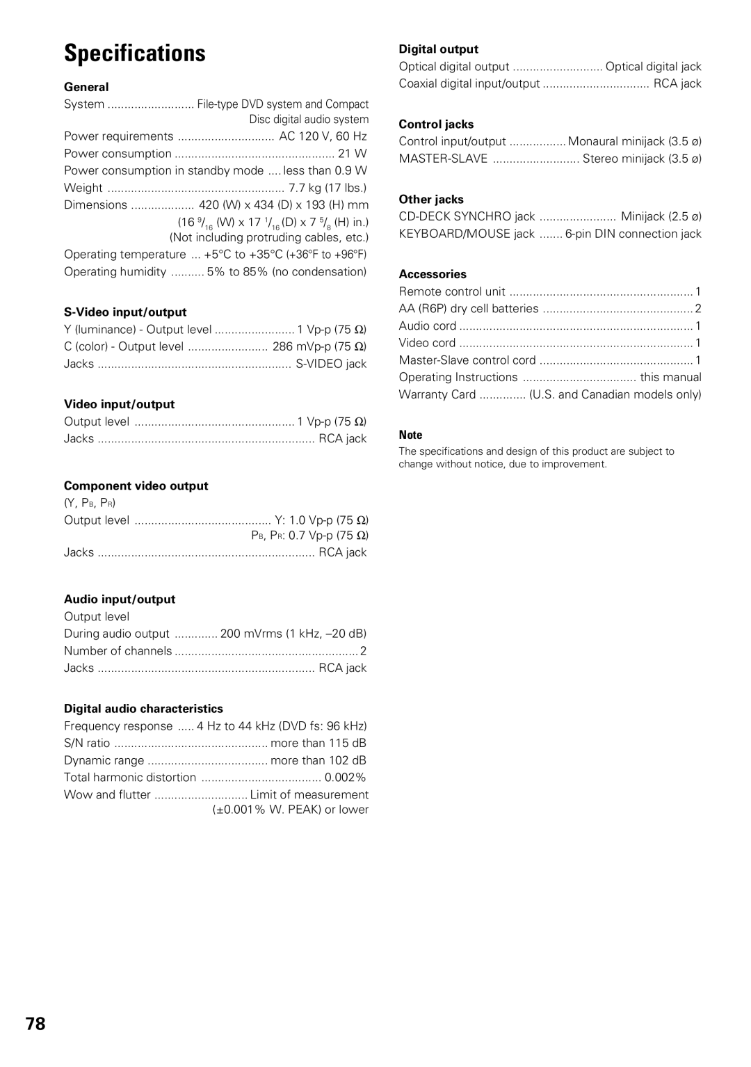 Pioneer DV-F727 operating instructions Specifications 