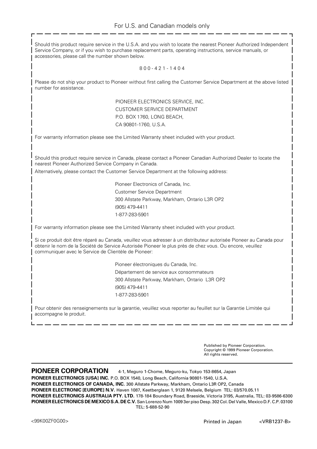 Pioneer DV-F727 operating instructions For U.S. and Canadian models only, 99K00ZF0G00 