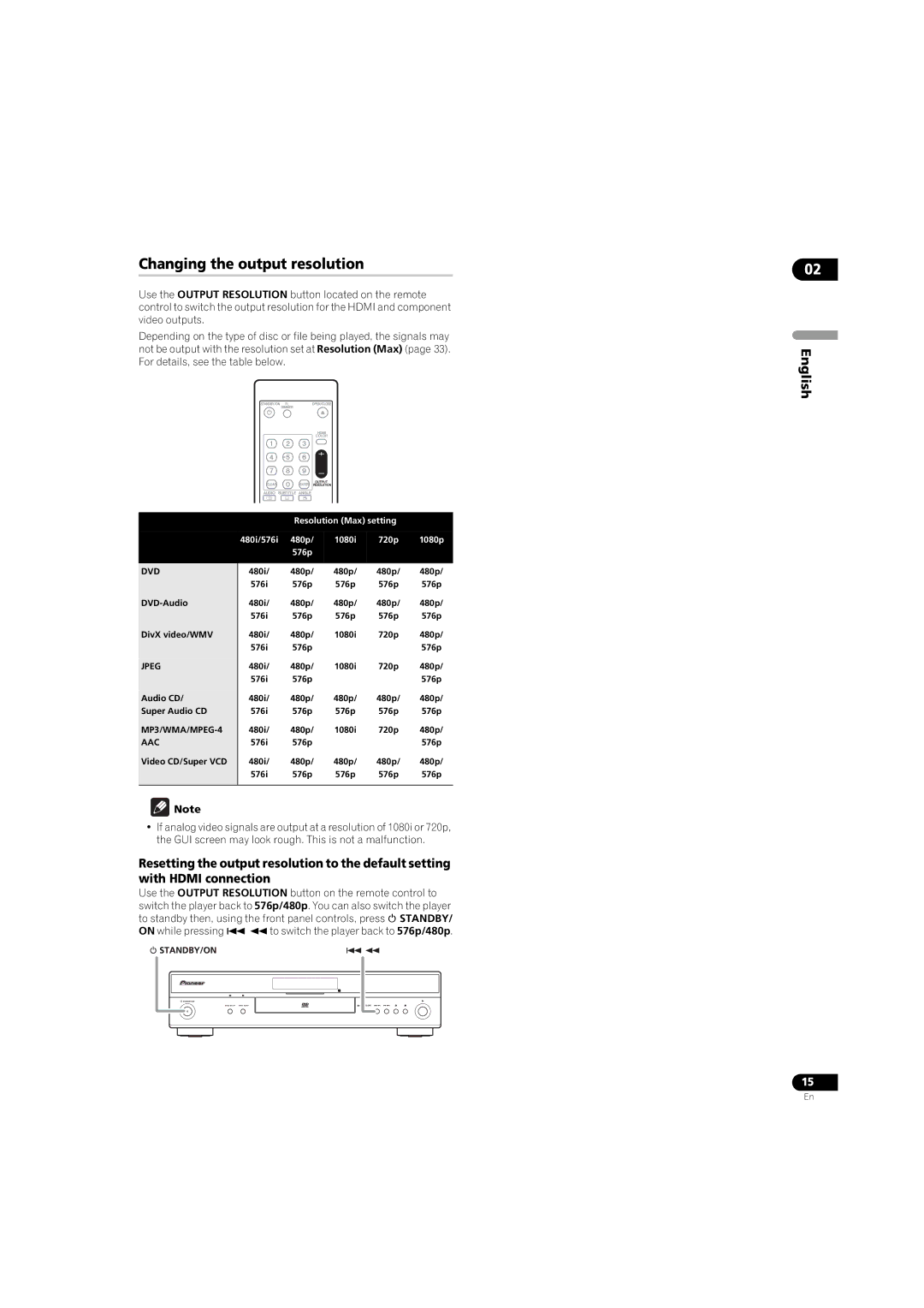 Pioneer DV-LX50 operating instructions Changing the output resolution, MP3/WMA/MPEG-4 AAC 