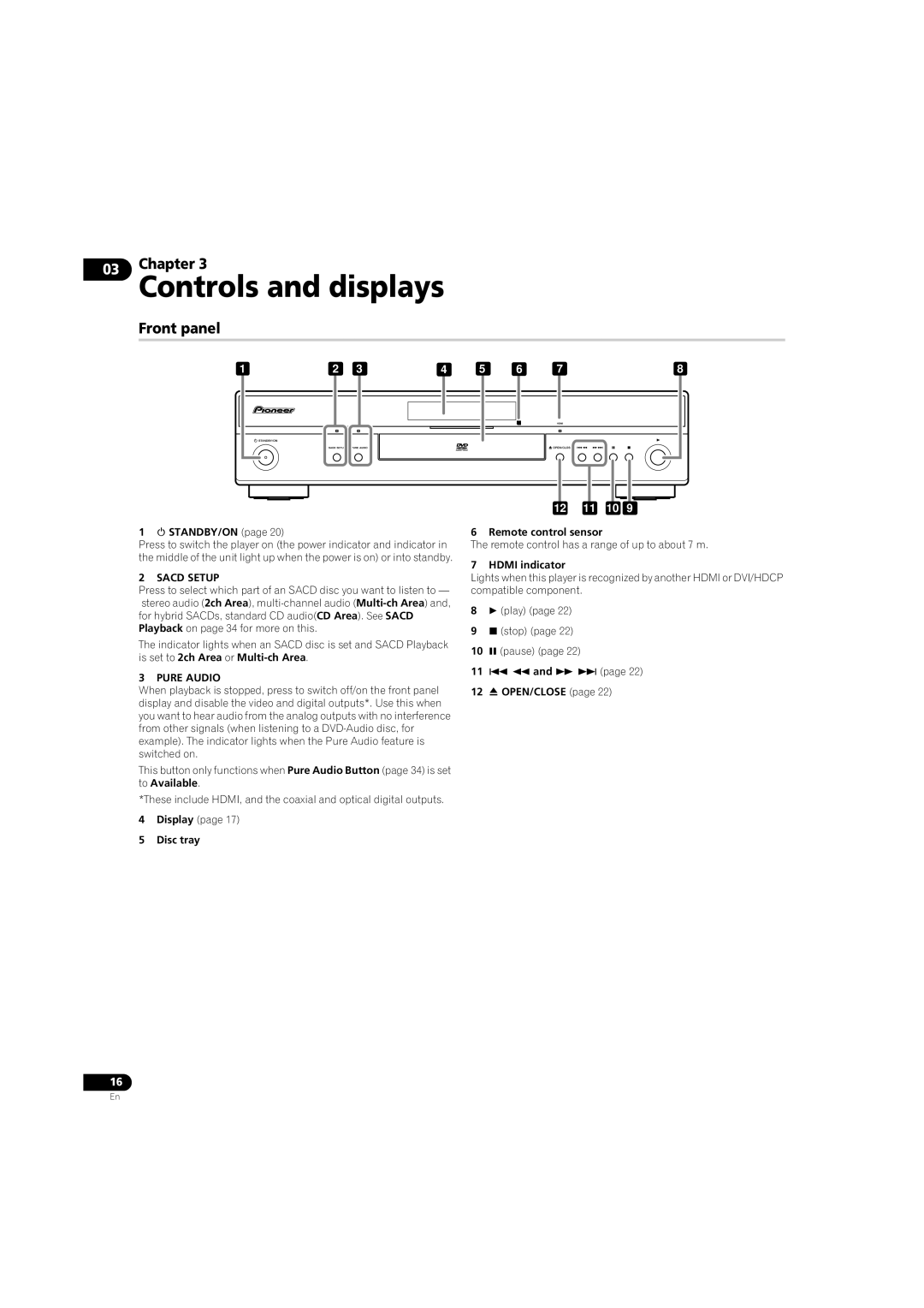 Pioneer DV-LX50 operating instructions Controls and displays, Front panel, Sacd Setup, Pure Audio 