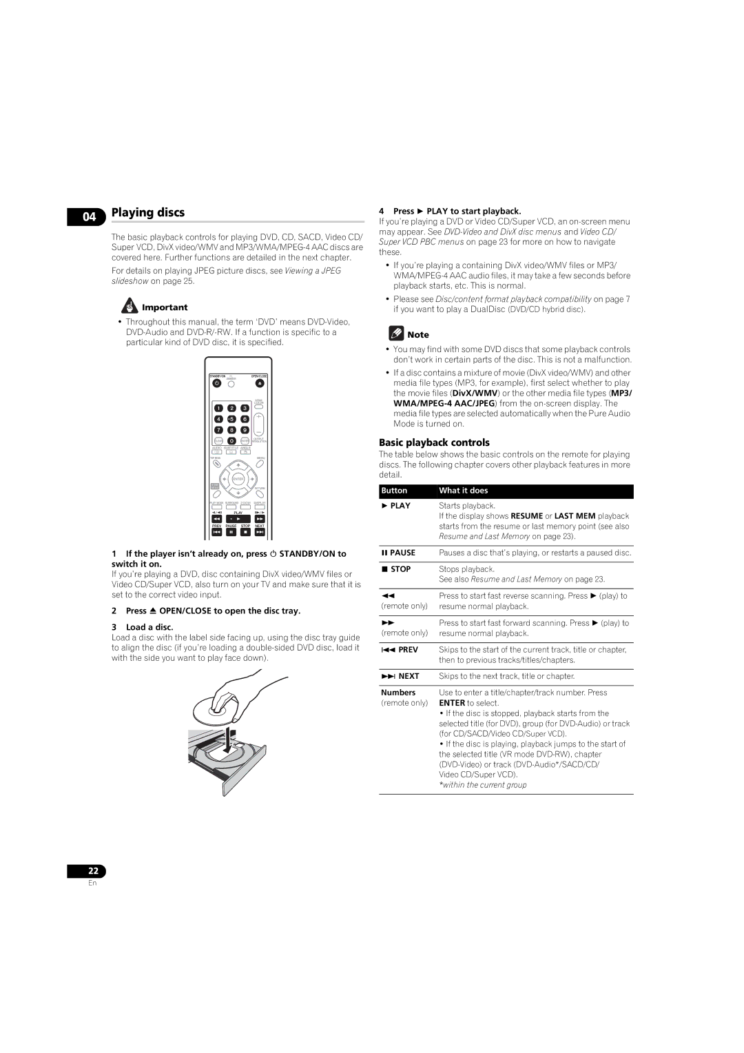 Pioneer DV-LX50 operating instructions Playing discs, Basic playback controls,  Play,  Stop 