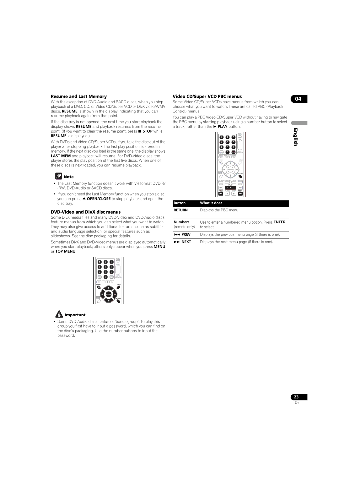 Pioneer DV-LX50 Resume and Last Memory, DVD-Video and DivX disc menus, Video CD/Super VCD PBC menus, Numbers 