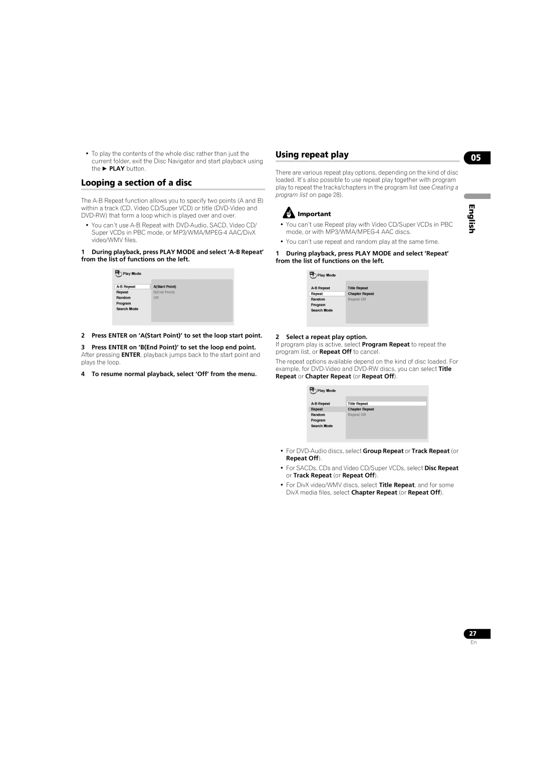 Pioneer DV-LX50 operating instructions Looping a section of a disc, Using repeat play 