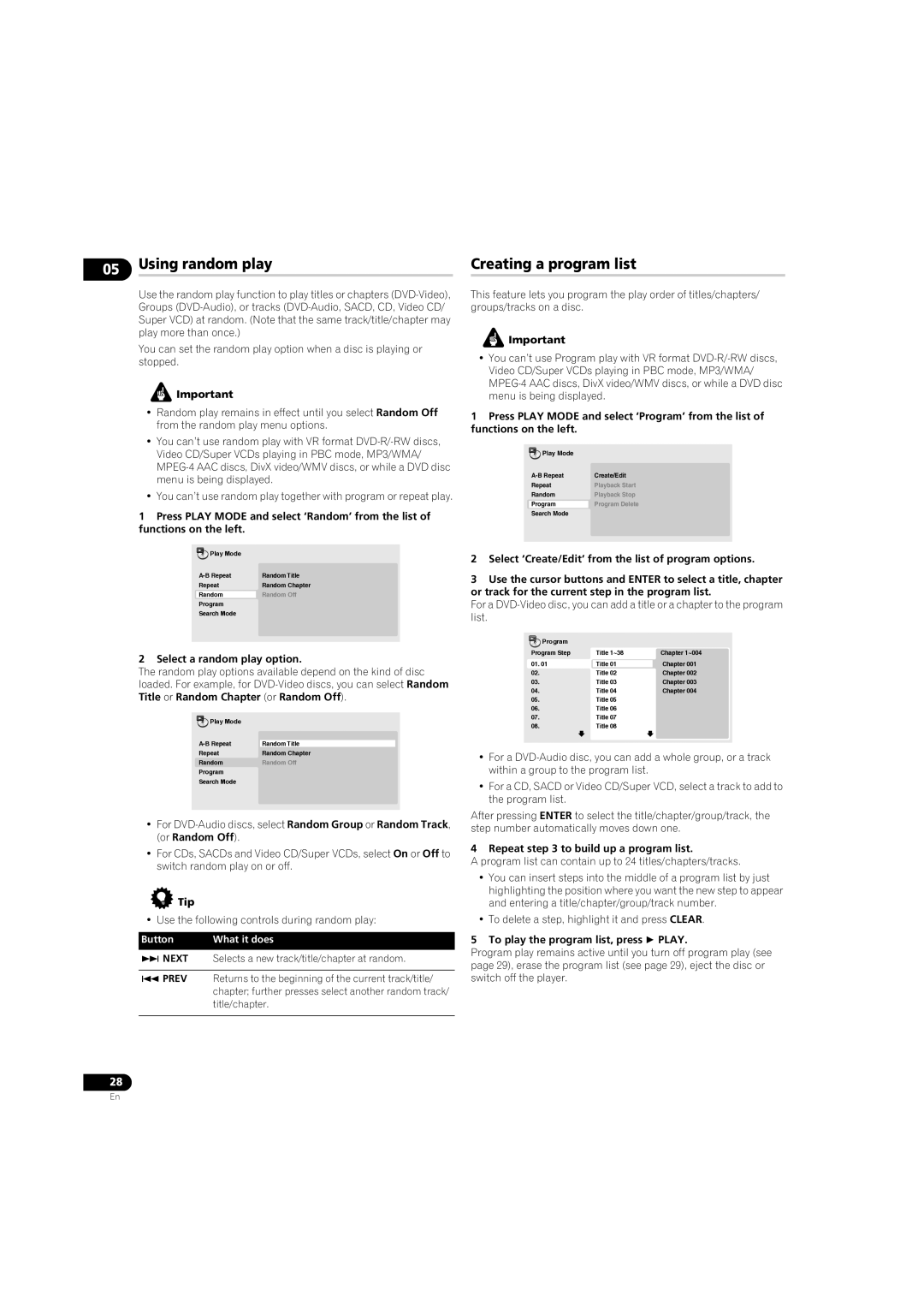 Pioneer DV-LX50 Using random play, Creating a program list, Select a random play option, Repeat to build up a program list 