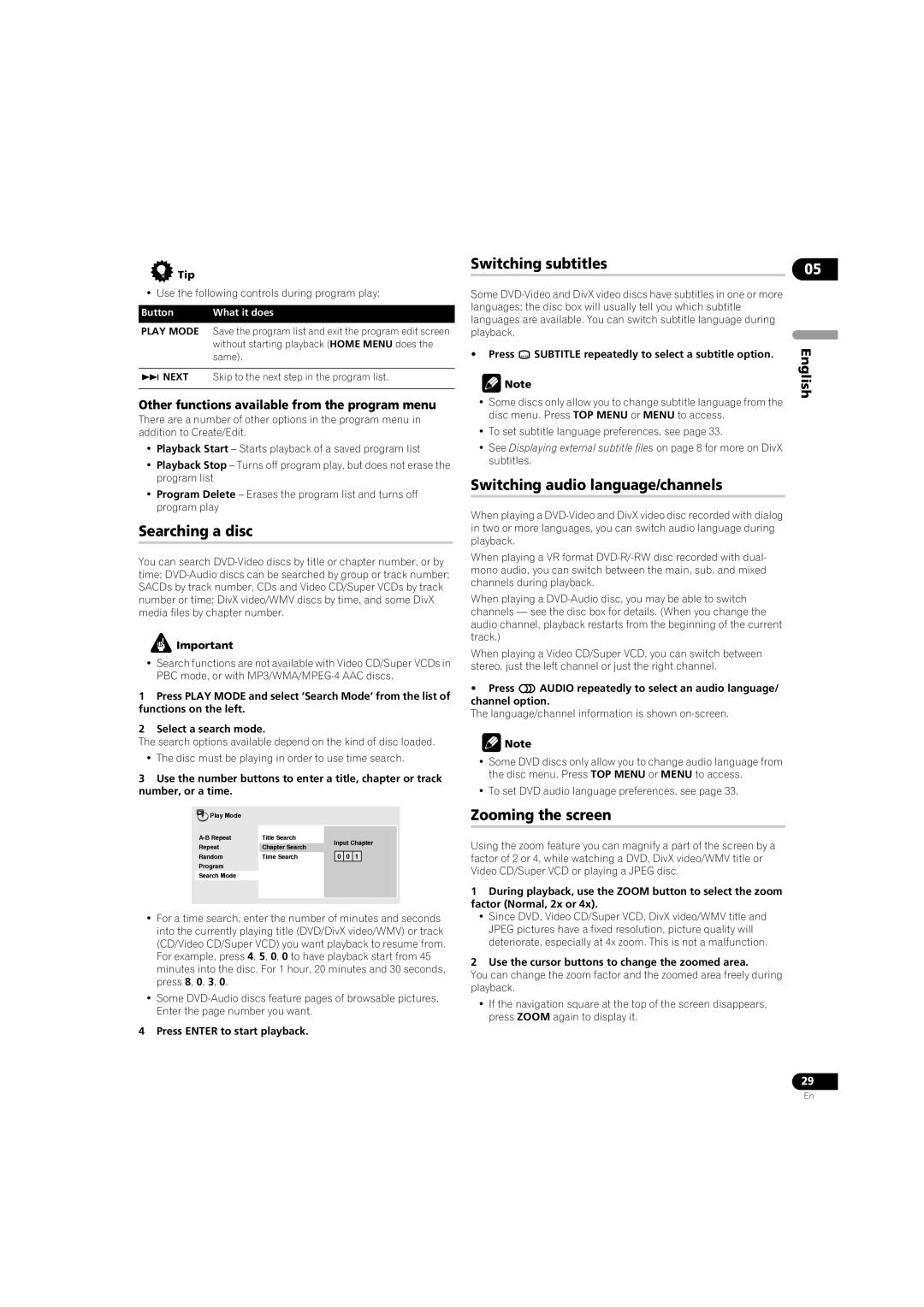 Pioneer DV-LX50 Searching a disc, Switching subtitles, Switching audio language/channels, Zooming the screen 