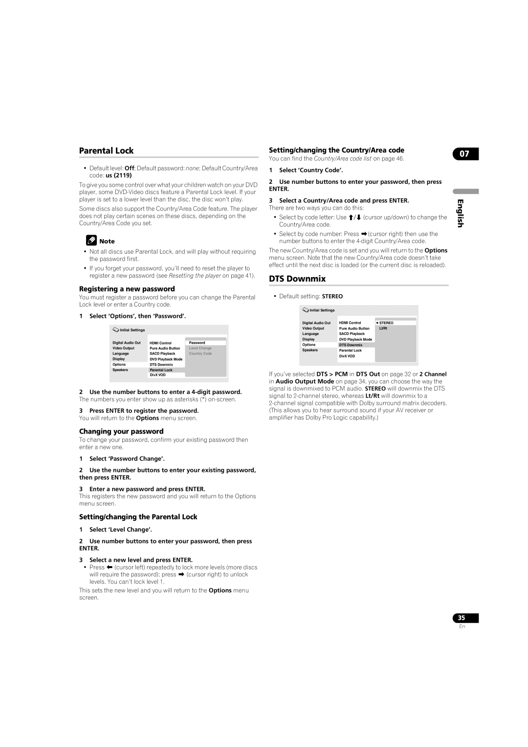 Pioneer DV-LX50 operating instructions Parental Lock, DTS Downmix 