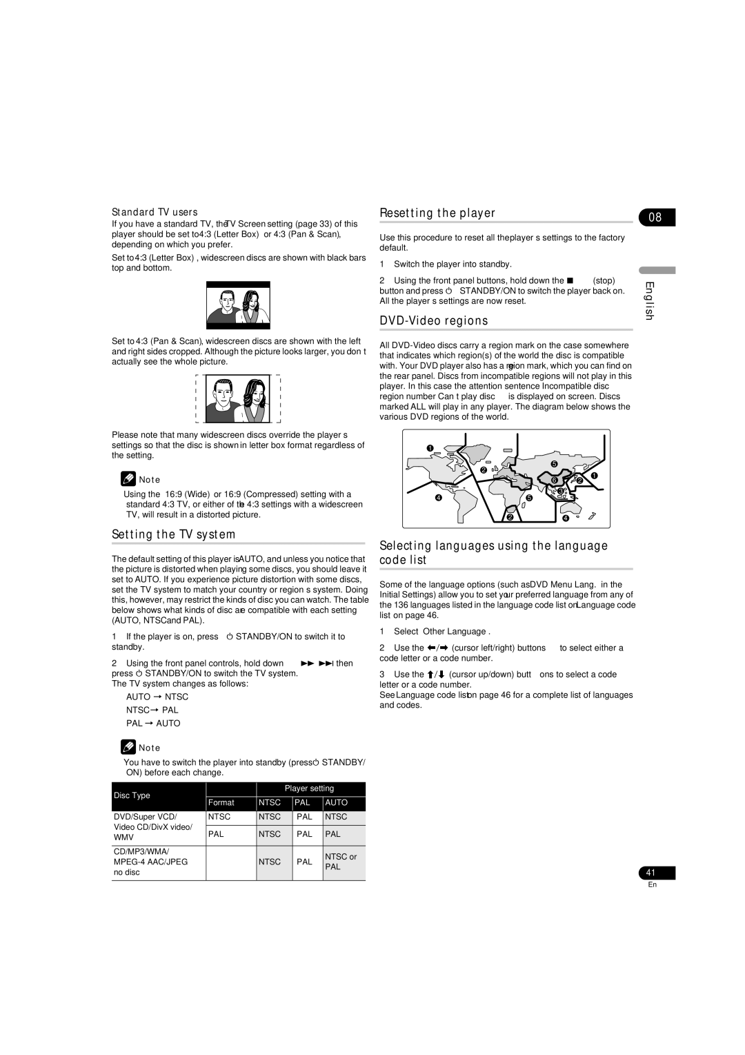 Pioneer DV-LX50 operating instructions Setting the TV system, Resetting the player, DVD-Video regions, Standard TV users 