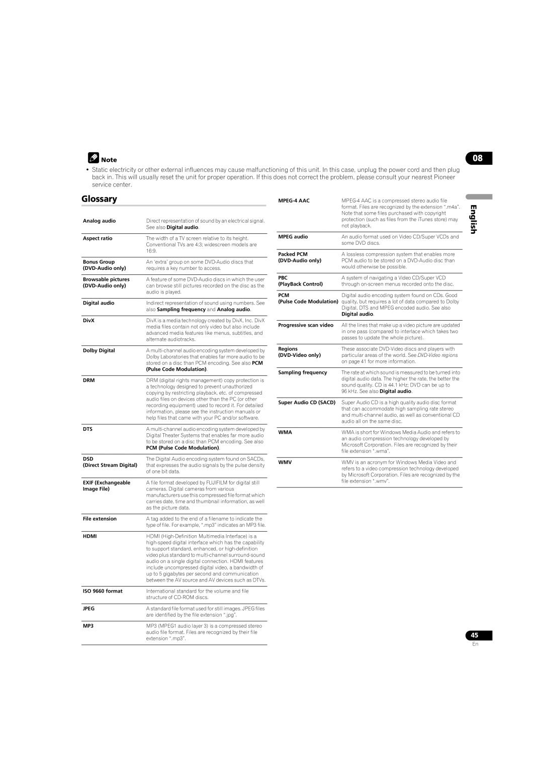 Pioneer DV-LX50 operating instructions Glossary, Aspect ratio 