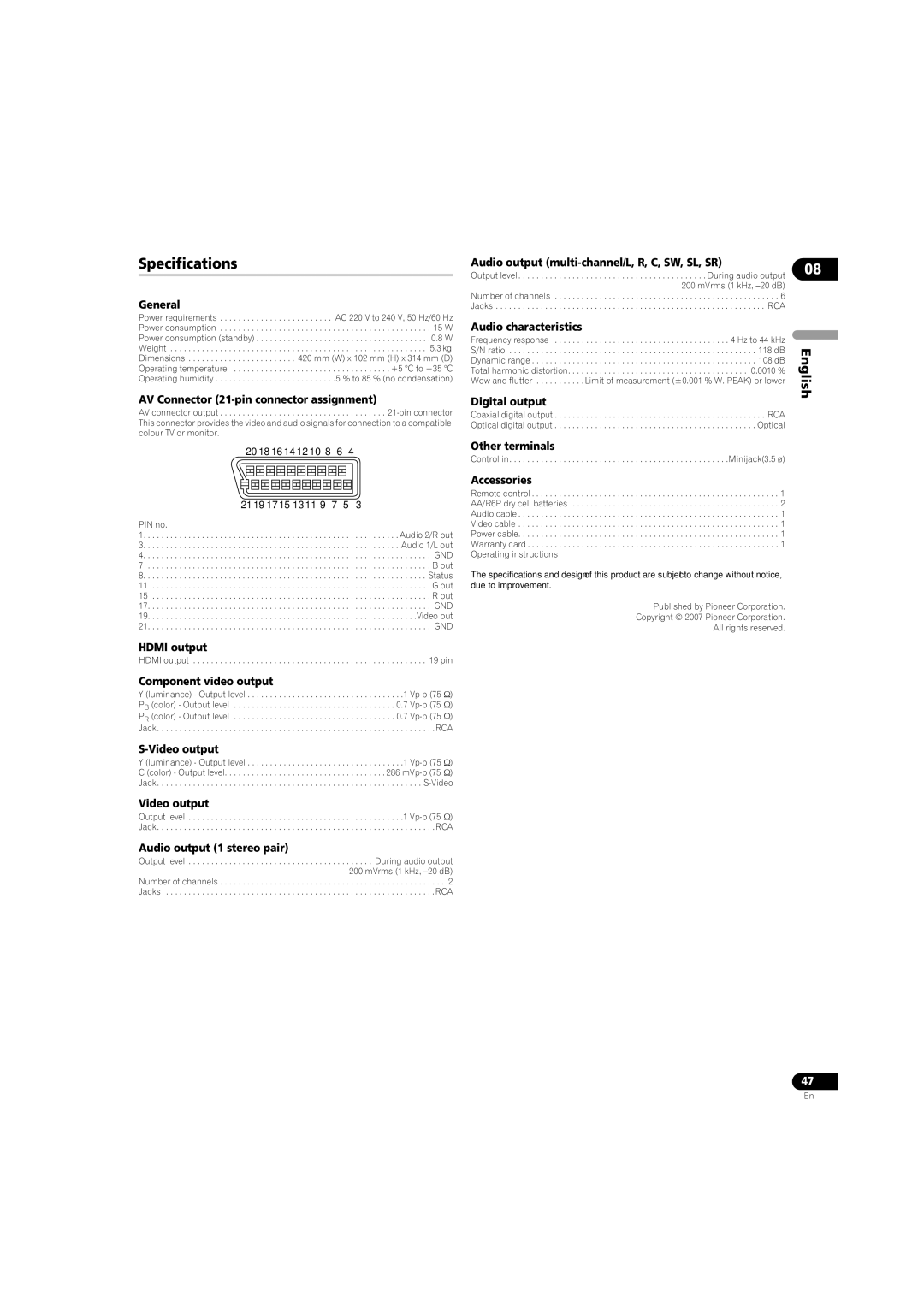 Pioneer DV-LX50 operating instructions Specifications 