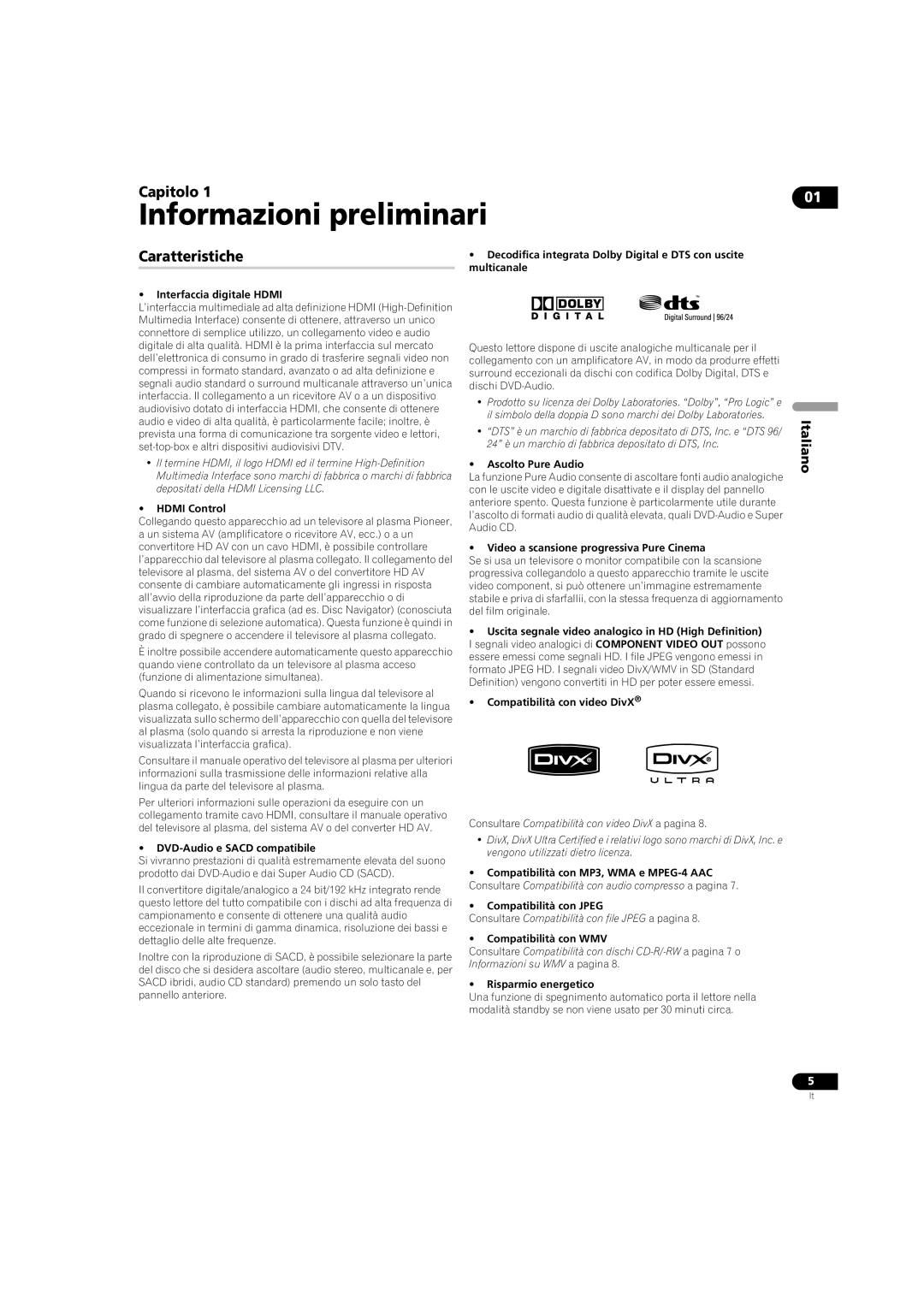 Pioneer DV-LX50 operating instructions Informazioni preliminari, Capitolo, Caratteristiche 