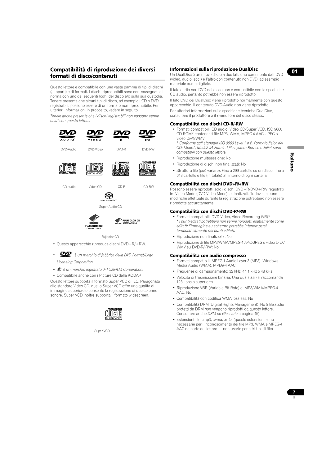 Pioneer DV-LX50 operating instructions Informazioni sulla riproduzione DualDisc, Compatibilità con dischi CD-R/-RW 