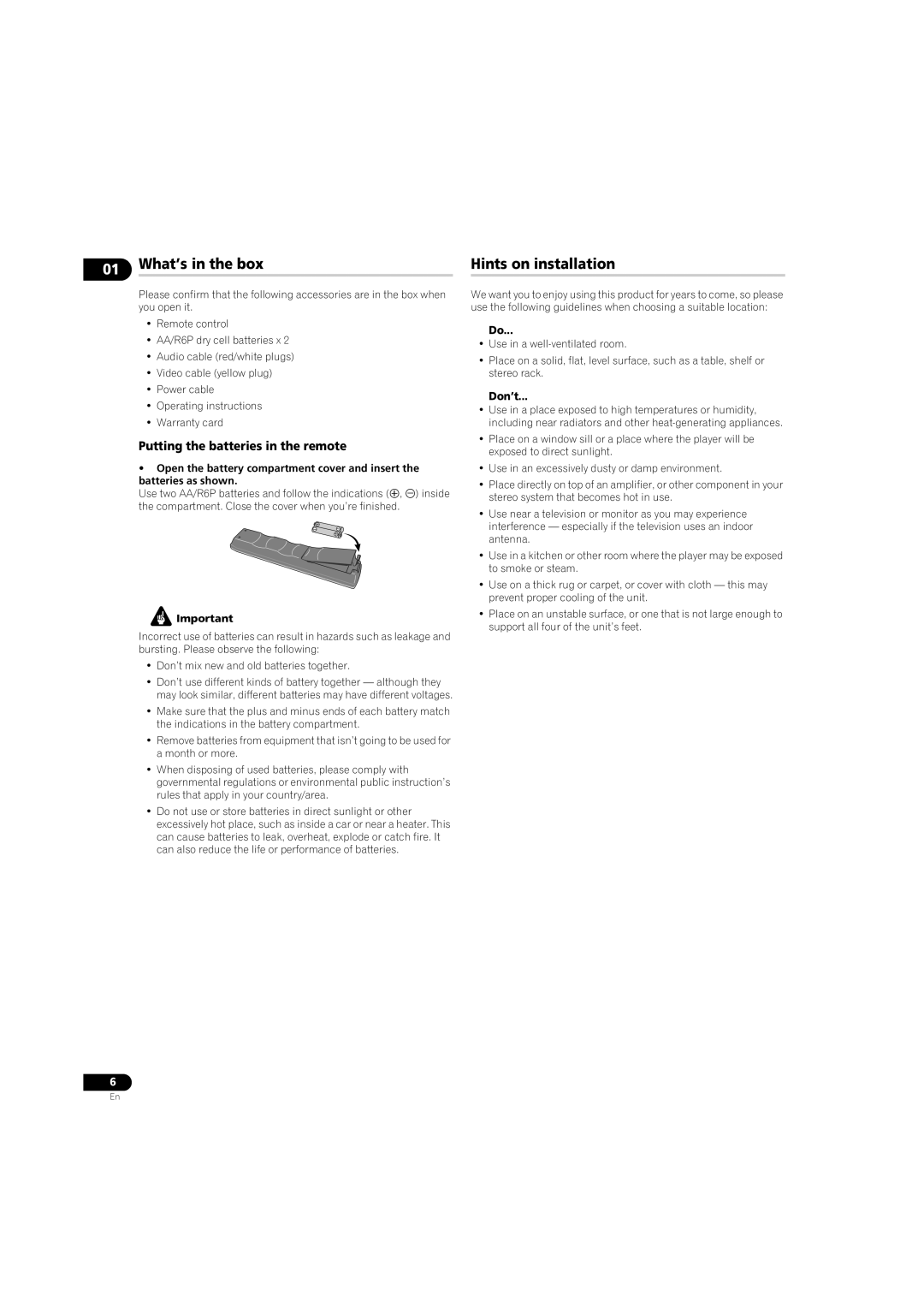 Pioneer DV-LX50 operating instructions What’s in the box, Hints on installation, Putting the batteries in the remote, Don’t 