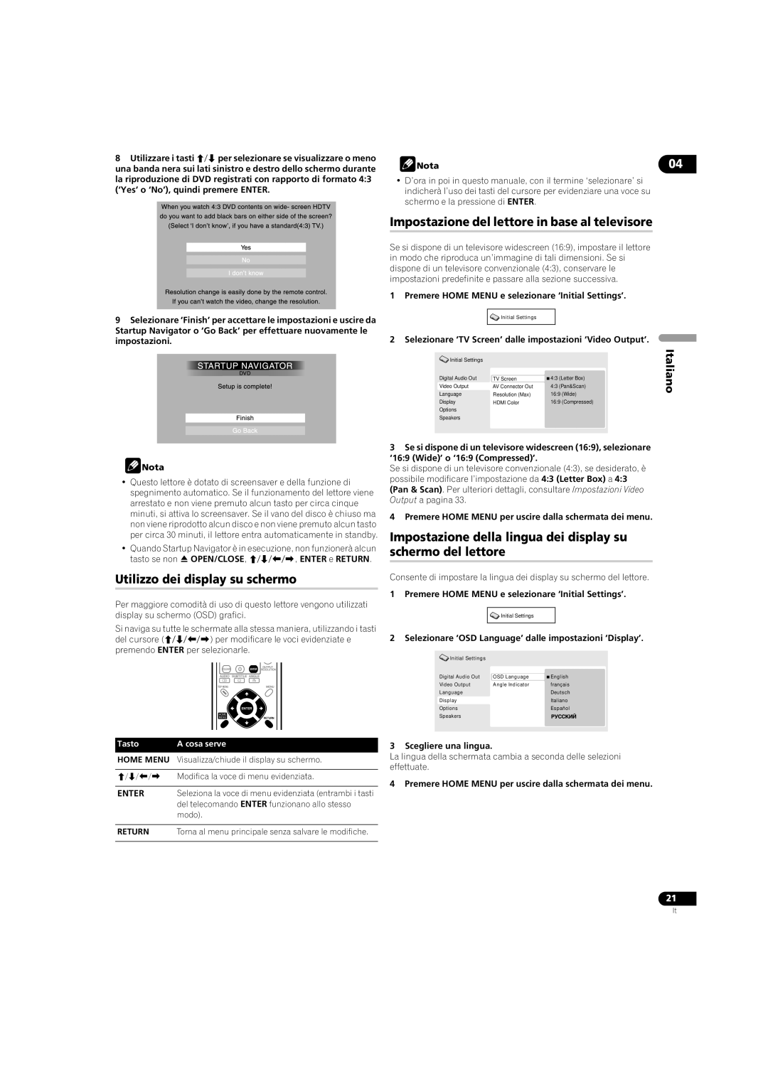 Pioneer DV-LX50 operating instructions Impostazione del lettore in base al televisore, Utilizzo dei display su schermo 