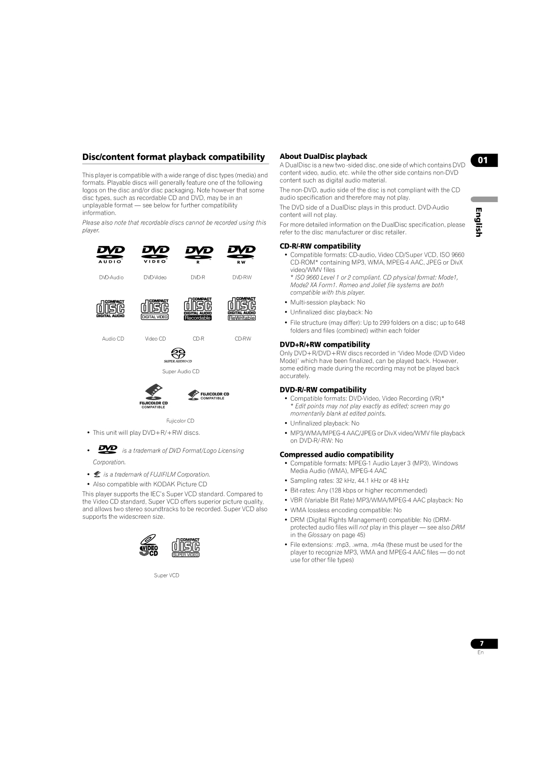 Pioneer DV-LX50 operating instructions Disc/content format playback compatibility 