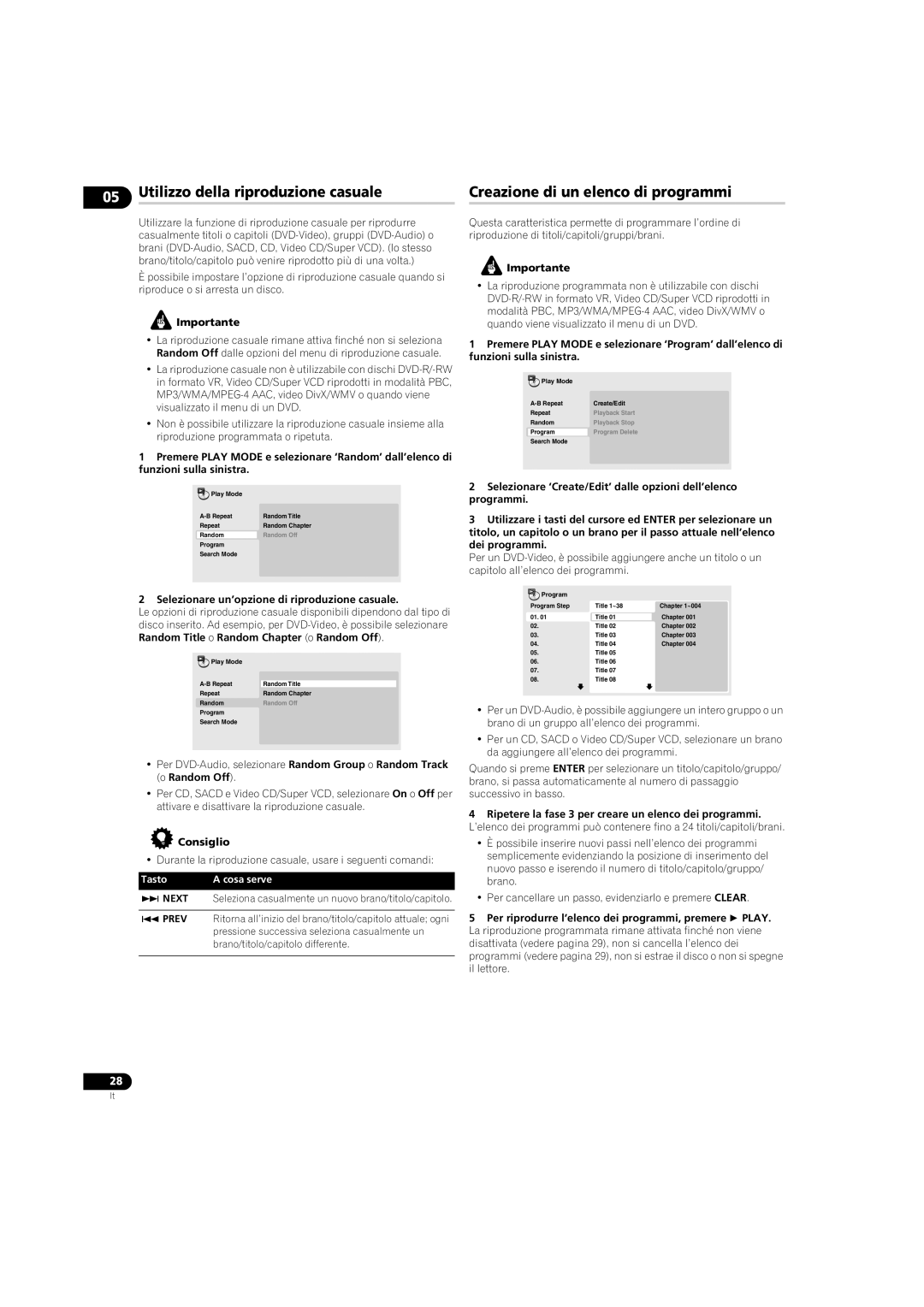 Pioneer DV-LX50 operating instructions Utilizzo della riproduzione casuale, Creazione di un elenco di programmi 