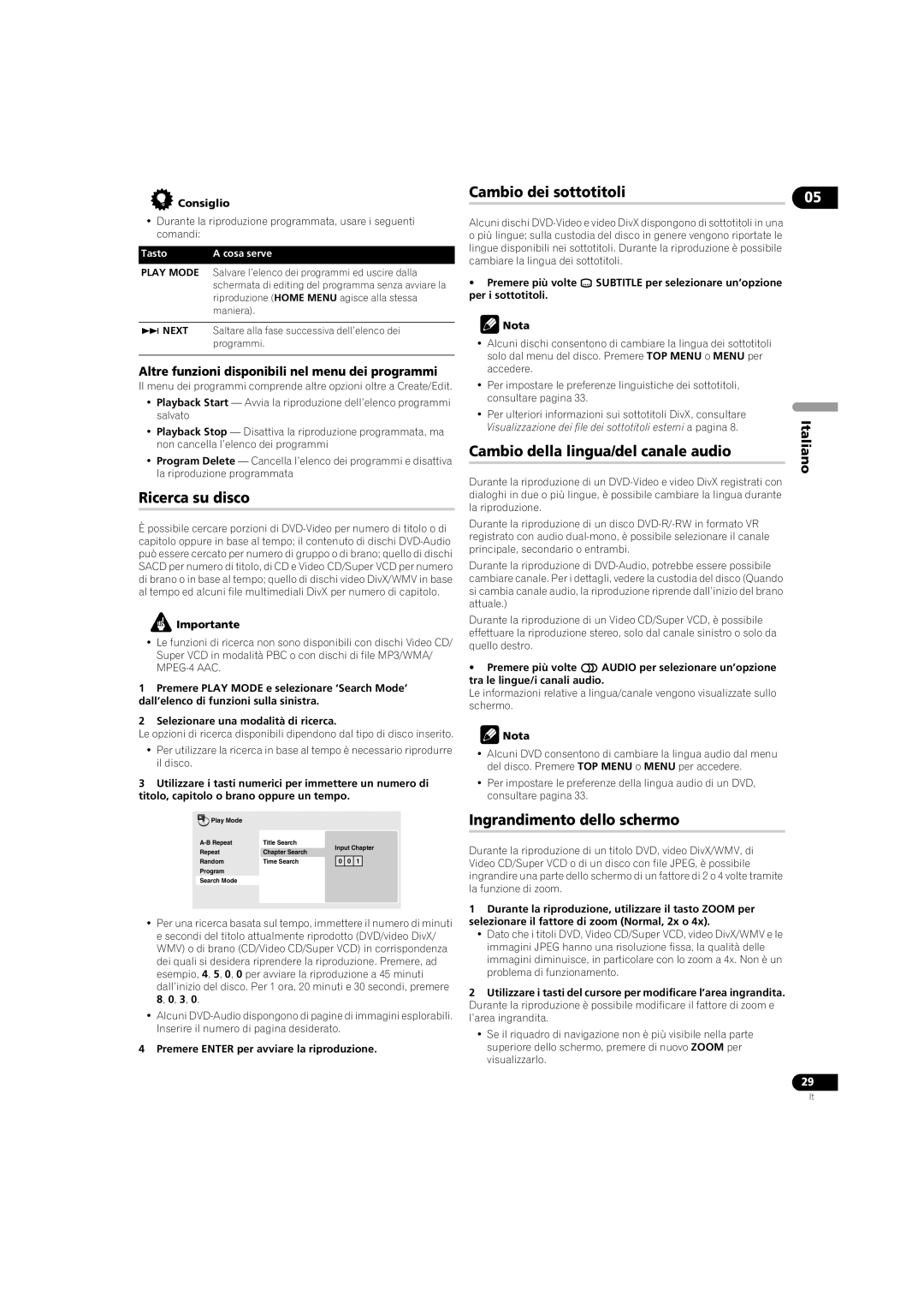 Pioneer DV-LX50 operating instructions Ricerca su disco, Cambio dei sottotitoli, Cambio della lingua/del canale audio 