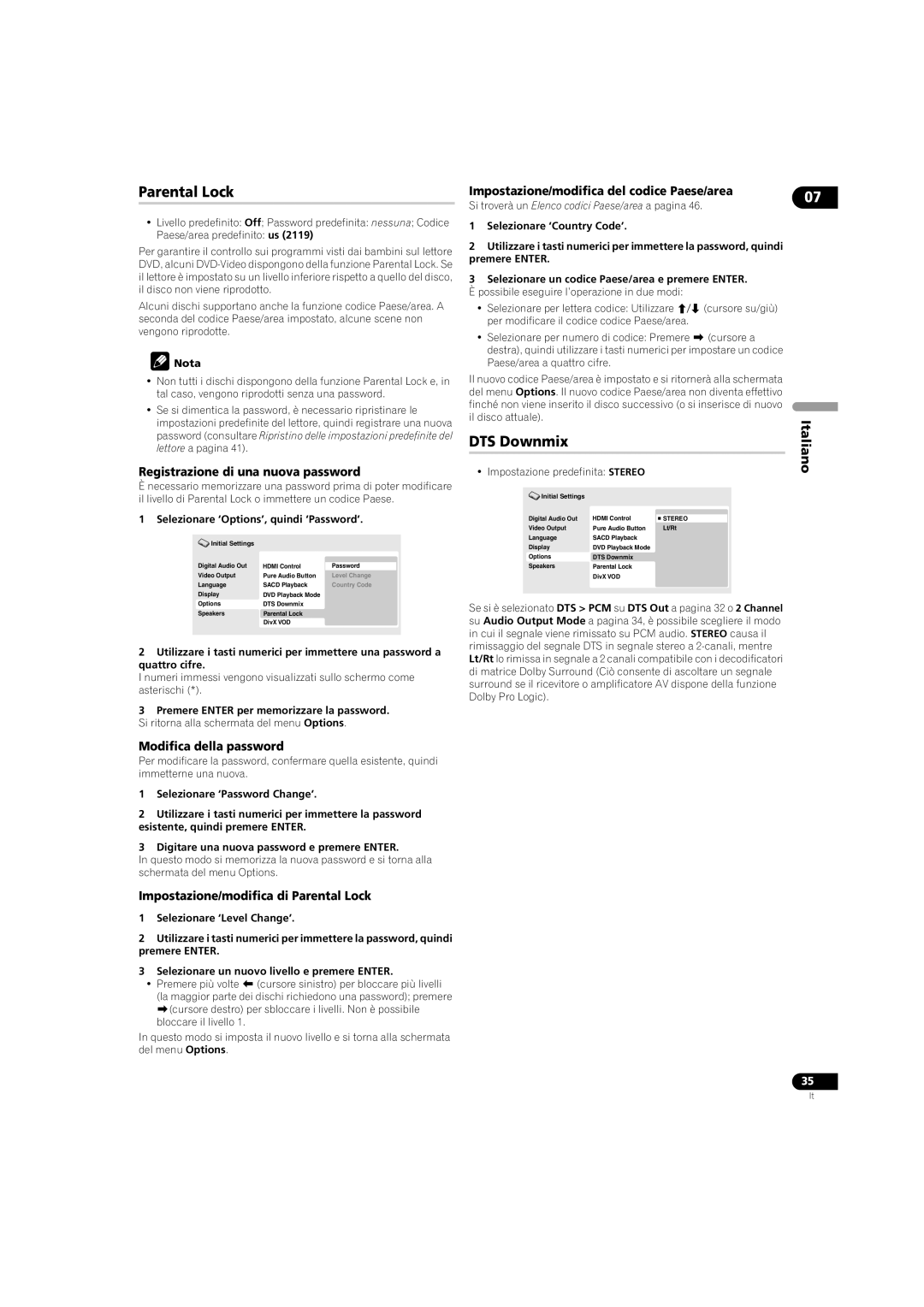 Pioneer DV-LX50 Registrazione di una nuova password, Impostazione/modifica del codice Paese/area, Modifica della password 