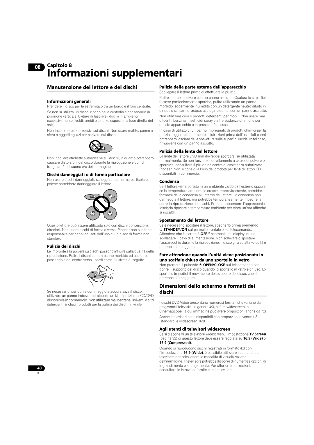 Pioneer DV-LX50 operating instructions Manutenzione del lettore e dei dischi, Dimensioni dello schermo e formati dei dischi 