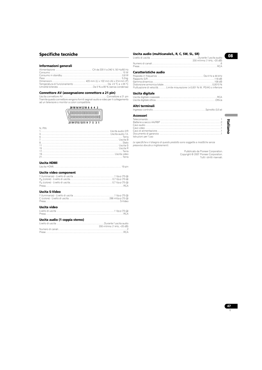 Pioneer DV-LX50 operating instructions Specifiche tecniche 